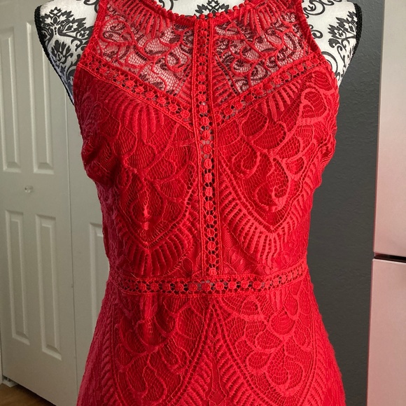 LUSH Women's Red Crochet Lace Dress Cutout Tie Back Medium - Picture 3 of 12